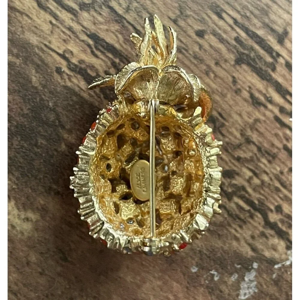 Vintage Alice Caviness Pineapple Brooch Gold Tone Faux Coral Rhinestone Pin
